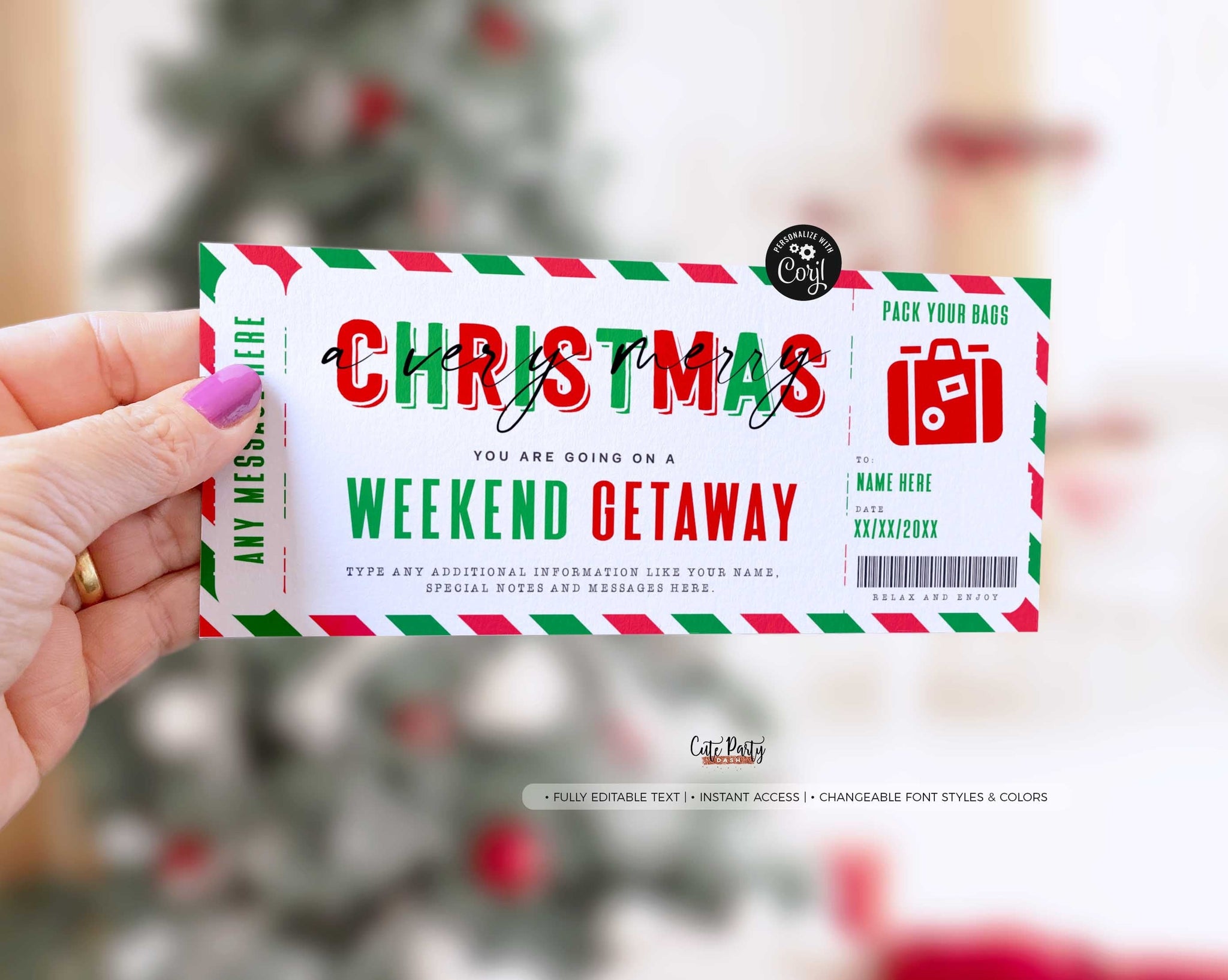Christmas Weekend Getaway Voucher Template, Surprise Trip Gift Ticket - Digital Download