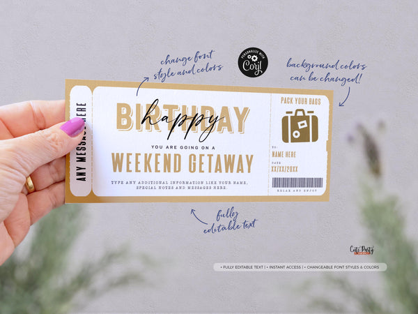 Weekend Getaway Voucher Template, Surprise Trip Gift Ticket - Digital Download