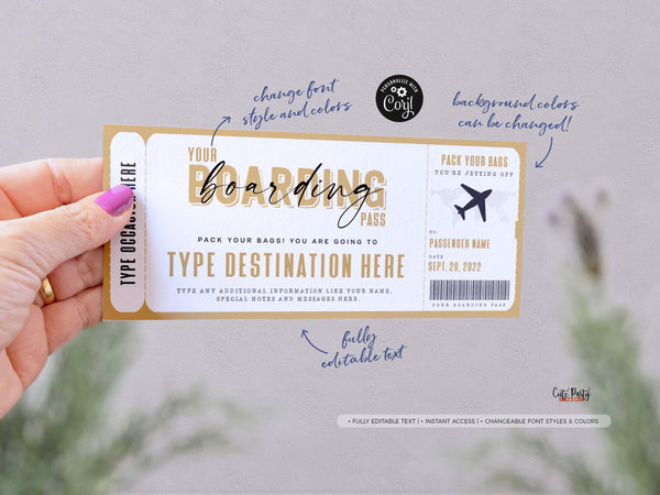 Editable Boarding Pass Surprise Fake Airline Ticket - Digital Download