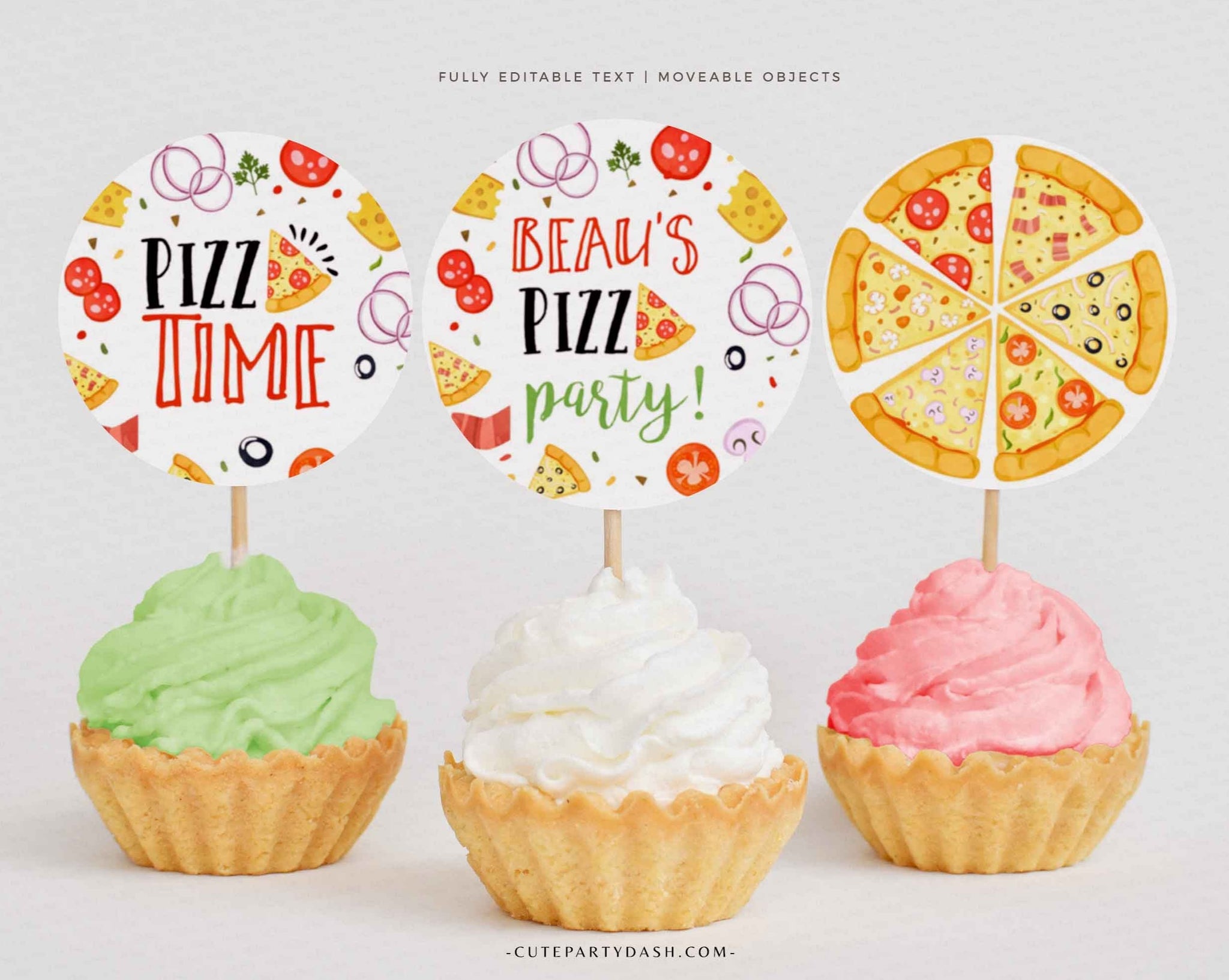 Pizza party Round Cupcake topper, Editable Pizza Party Sticker Label Decor - Instant Download