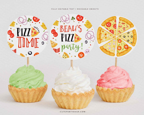 Pizza party Round Cupcake topper, Editable Pizza Party Sticker Label Decor - Instant Download