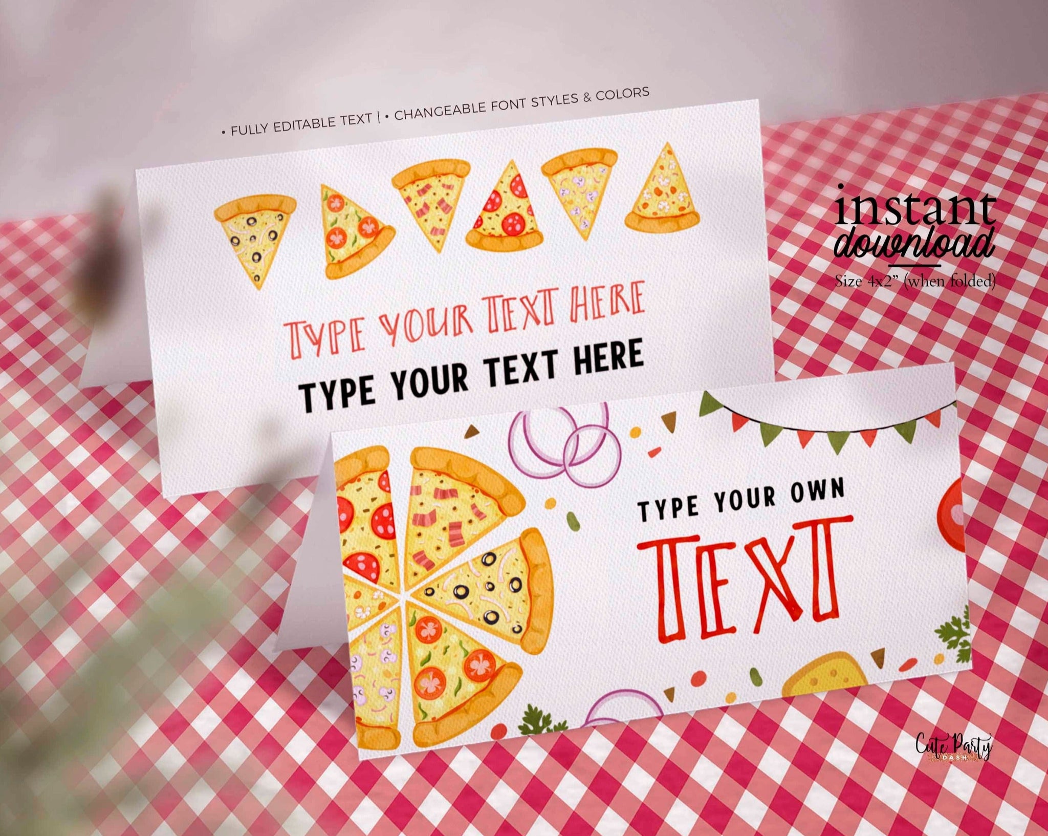 Editable Pizza party food cards, Place Card, Tent Card - Instant Download
