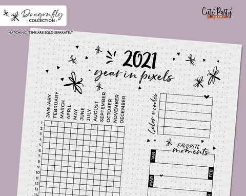 Dragonfly Bullet Journal Printable 2021 Year in Pixels Mood Tracker - Digital Download