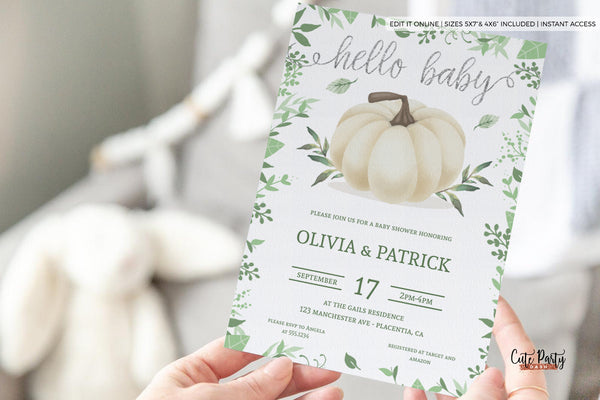 Greenery Little Pumpkin Baby Shower Invitation - Digital Download