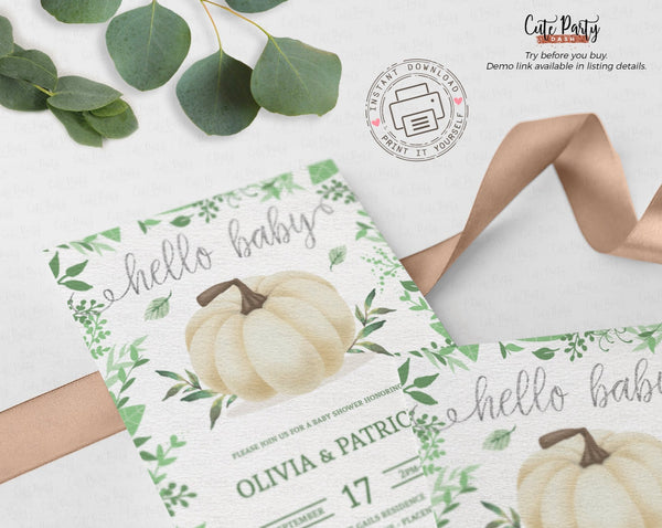 Greenery Little Pumpkin Baby Shower Invitation - Digital Download