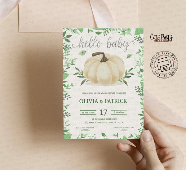 Greenery Little Pumpkin Baby Shower Invitation - Digital Download