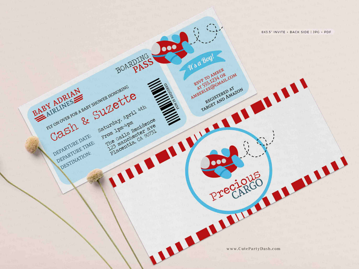 Airplane Baby Shower Boarding Pass Ticket Invitation - Digital Downloa ...