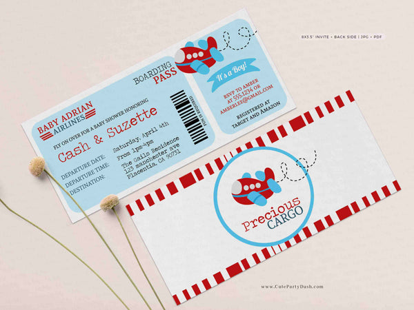 Airplane Baby Shower Boarding Pass Ticket Invitation - Digital Download