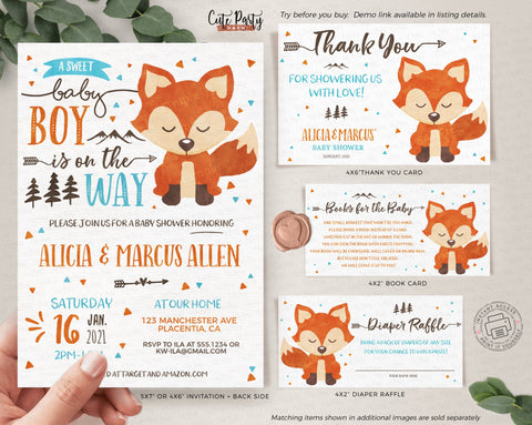Watercolor Fox baby boy shower Invitation Bundle - Digital Download