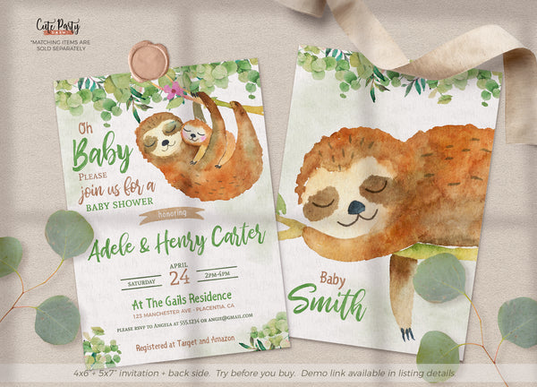 Watercolor Sloth Baby Shower Invitation Bundle - Digital Download
