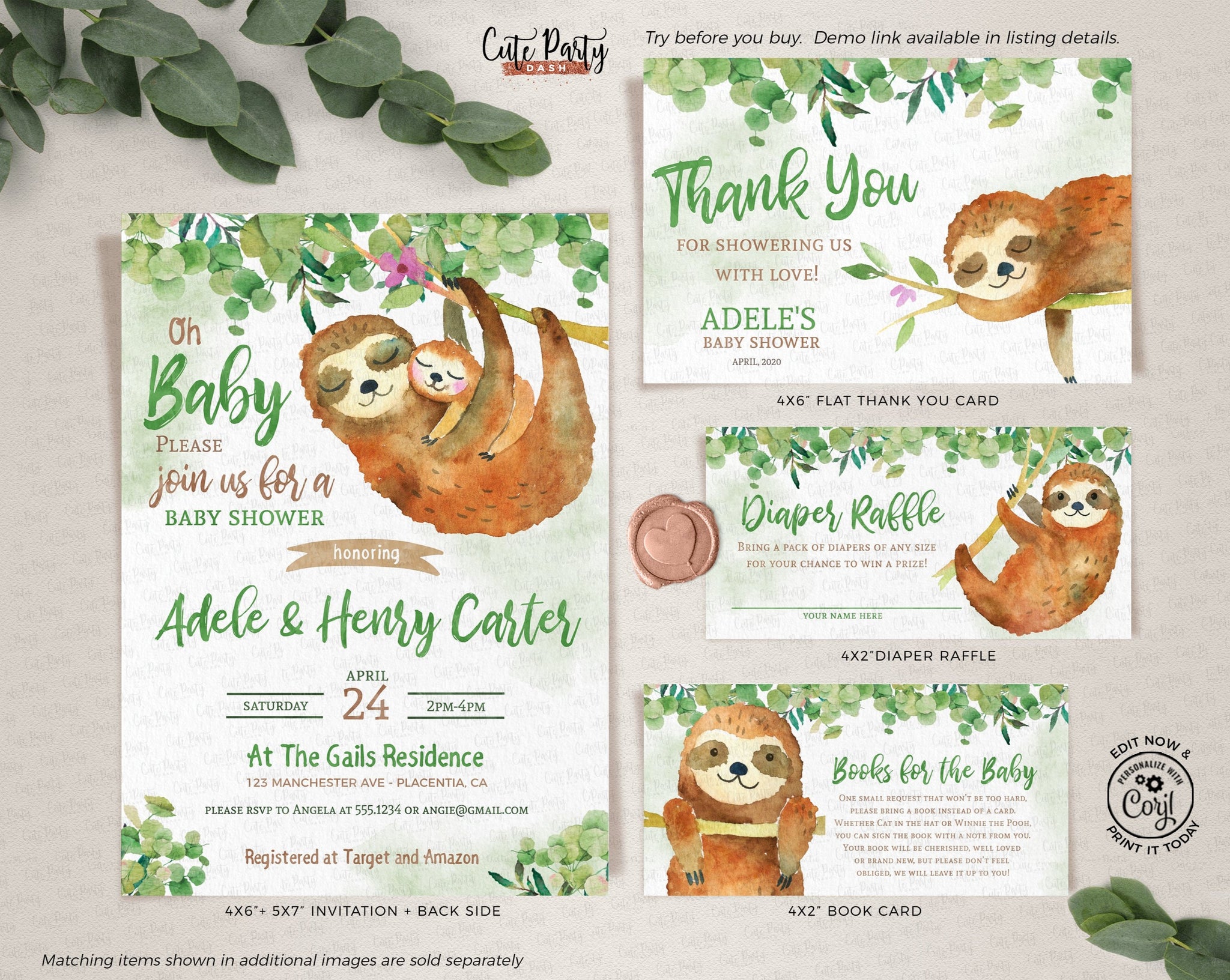 Watercolor Sloth Baby Shower Invitation Bundle - Digital Download