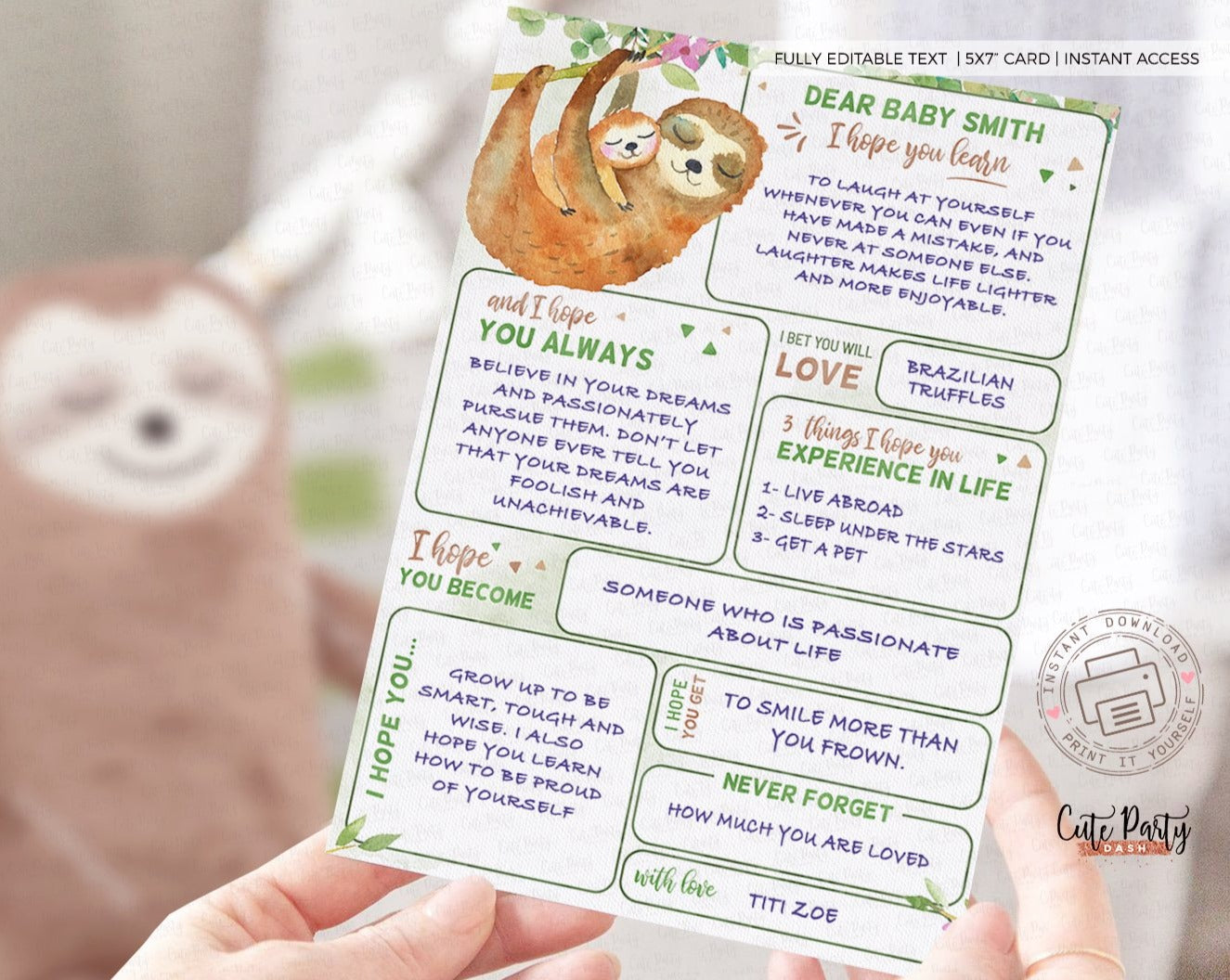 Sloth Baby Shower Wishes For Baby Card - Digital Download