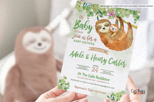 Watercolor Sloth Baby Shower Invitation Bundle - Digital Download