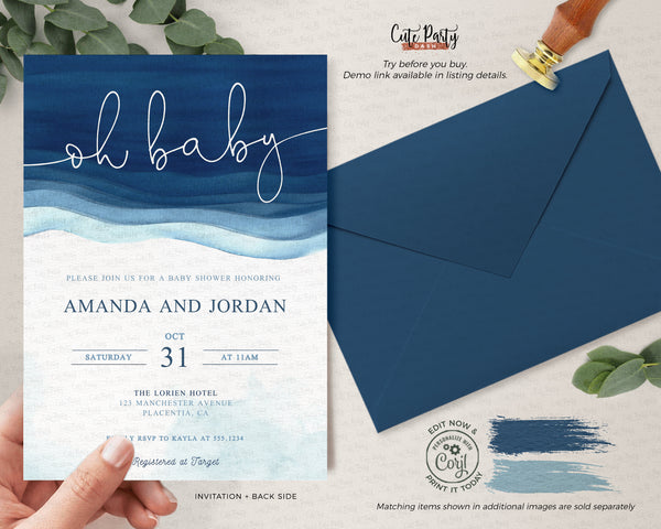 Watercolor Oh Baby Shower Invitation Template - Digital Download