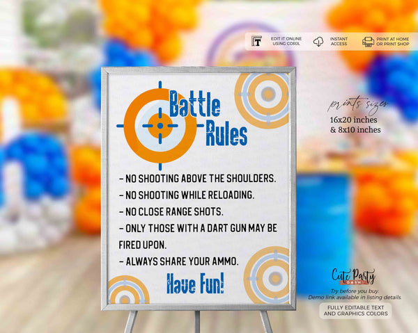 EDITABLE Nerf Birthday Party Printable Battle Rules Sign, Dart Gun birthday Party Signage, Dart War Rules Sign- Digital Download