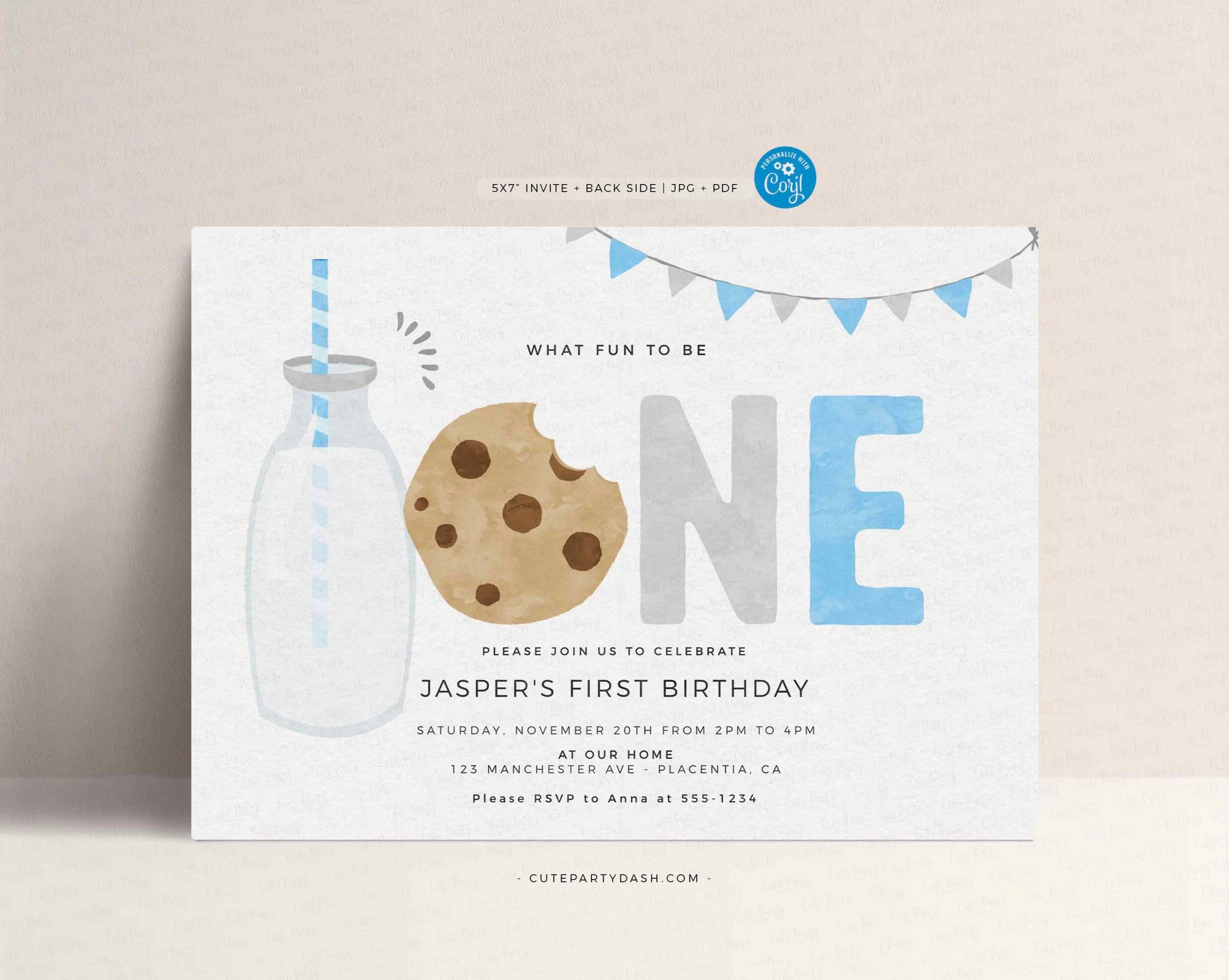 Minimalist Blue Milk and Cookies Birthday invitation - Digital Download