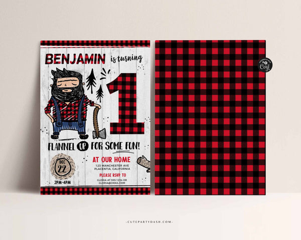 Lumberjack First Birthday Party invitations, Buffalo Plaid Lumberjack Printable Birthday Invite - Instant Download