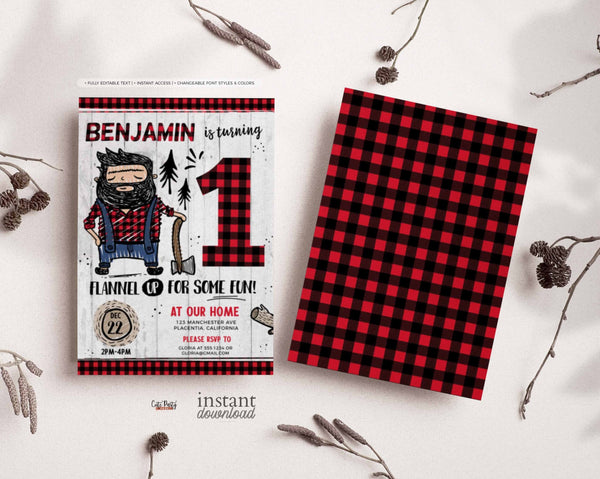 Lumberjack First Birthday Party invitations, Buffalo Plaid Lumberjack Printable Birthday Invite - Instant Download