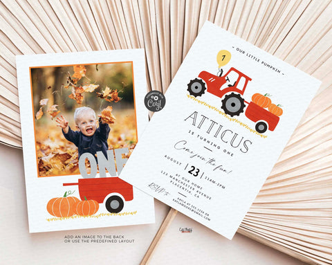 Red Tractor Pumpkin Birthday Party Invitation