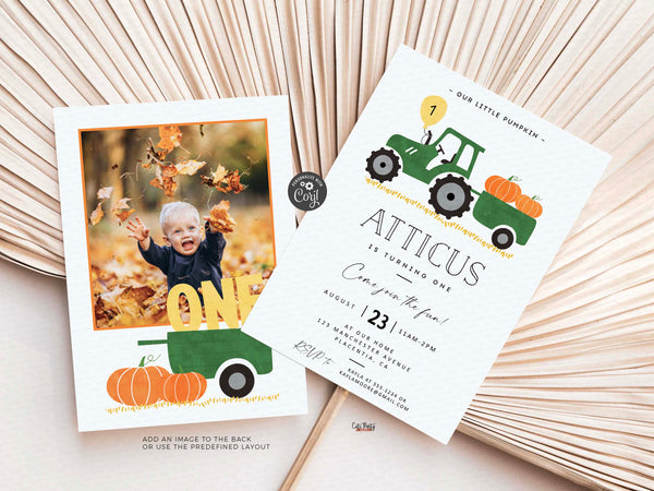 Green Tractor Pumpkin Birthday Party Invitation - Instant Download
