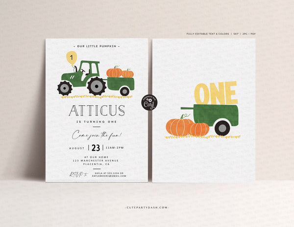 Green Tractor Pumpkin Birthday Party Invitation - Instant Download