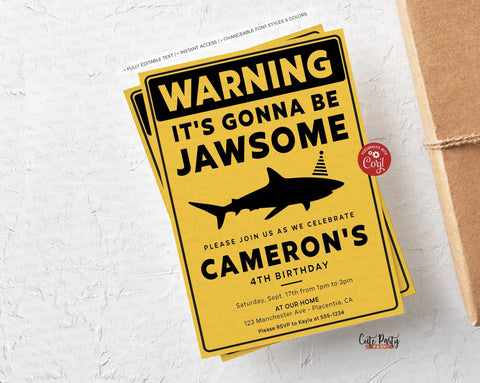 Shark Danger Sign Birthday Party invitation