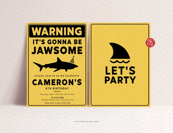 Shark Danger Sign Birthday Party invitation- Digital Download