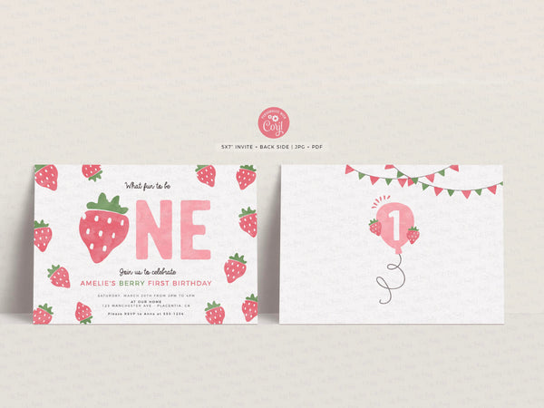 Strawberry Berry First Birthday Party invitation - Digital Download
