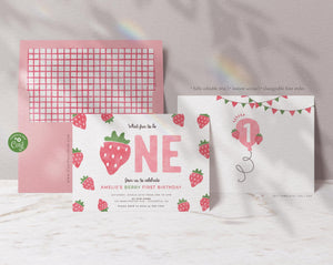 Strawberry Berry First Birthday Party invitation - Digital Download
