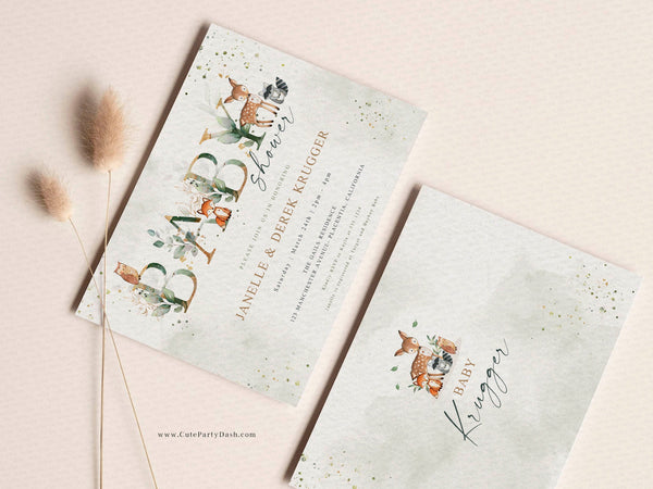 Woodland Greenery Baby Shower invitation - Digital Download