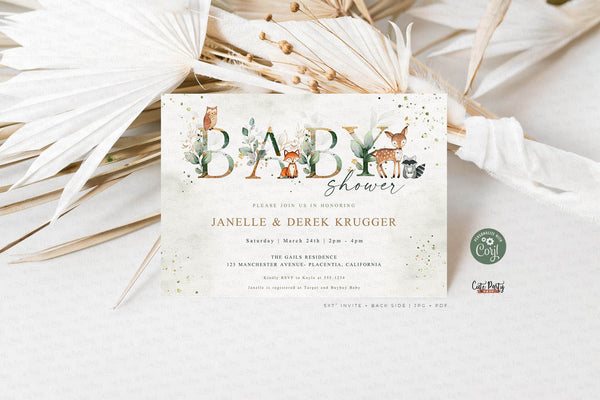 Woodland Greenery Baby Shower invitation - Digital Download