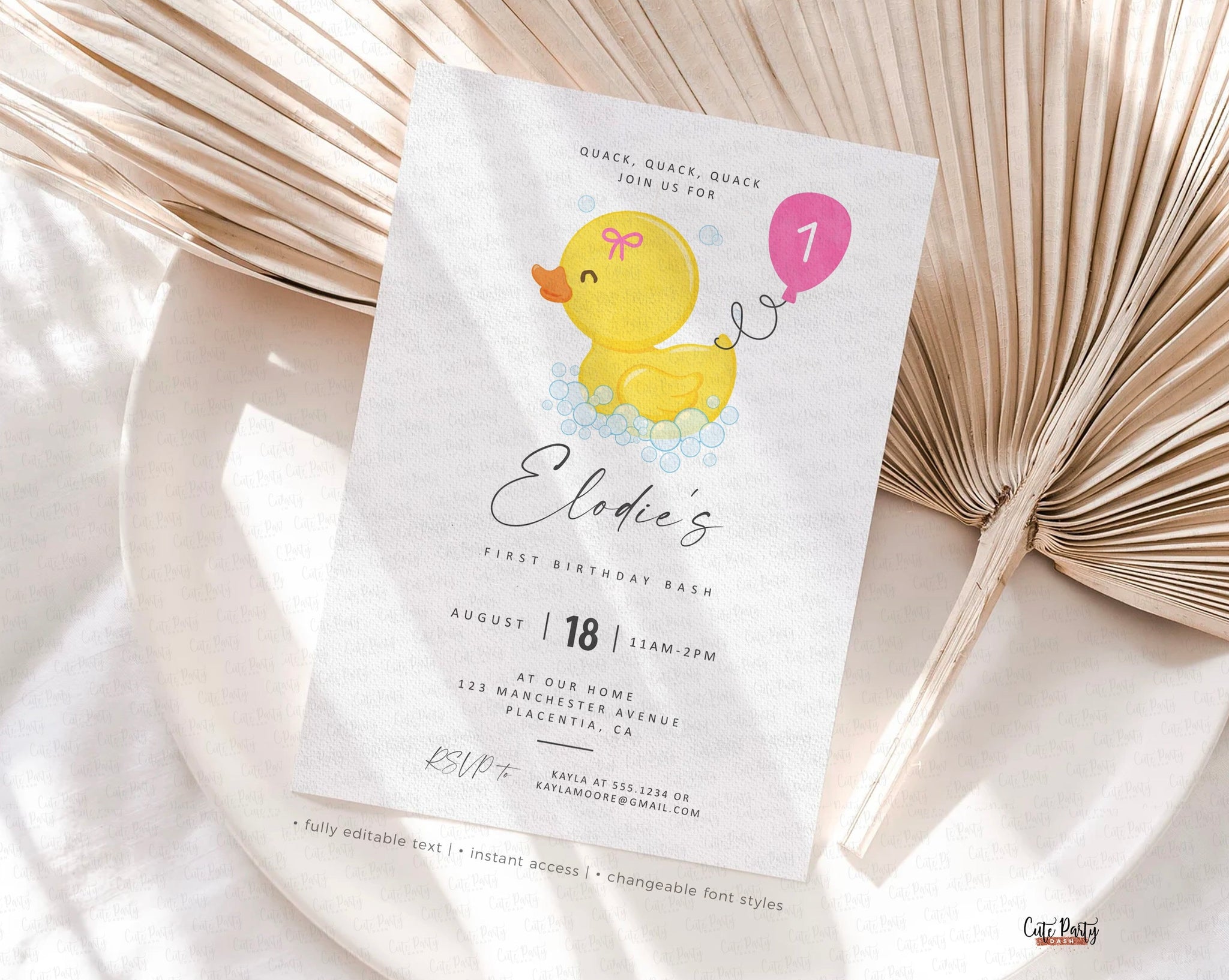 Rubber Duck Girl birthday Party invitation