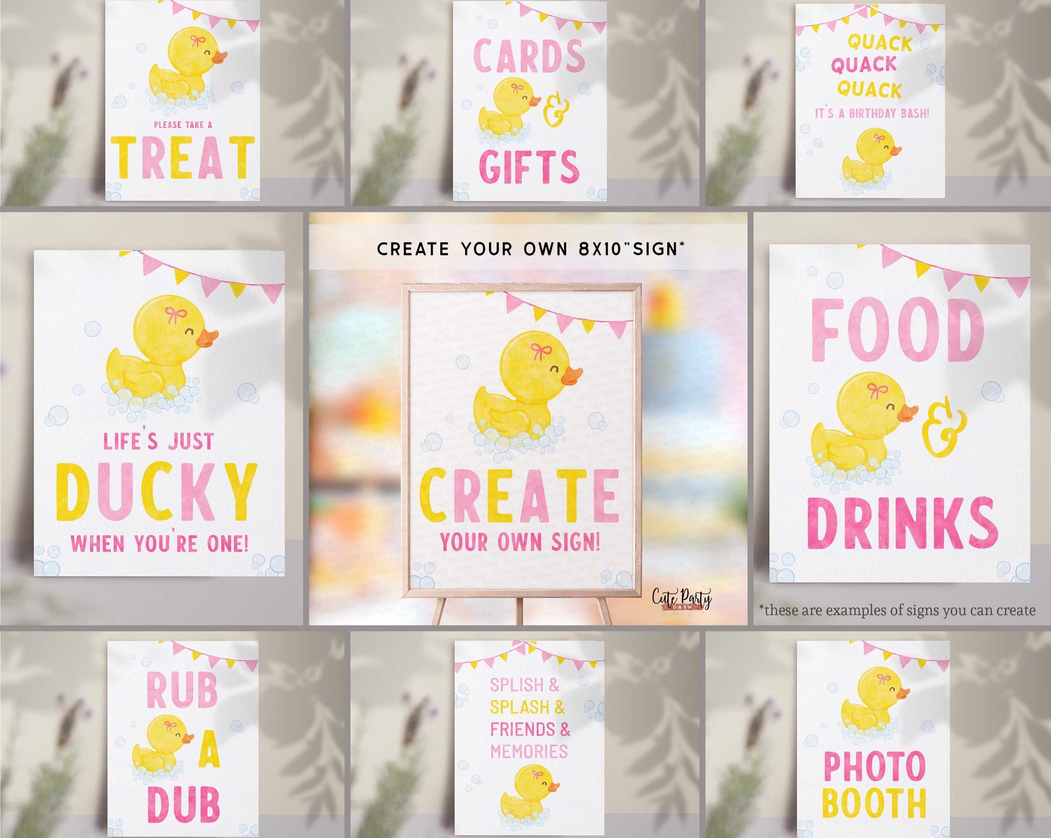 Editable Rubber Duck Girl Party Signs