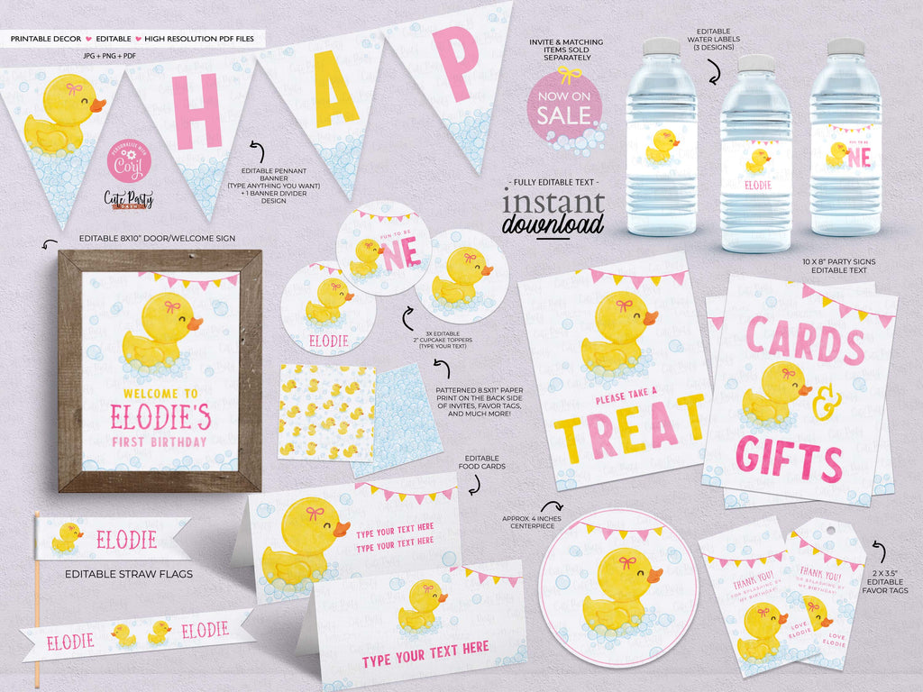 Editable Rubber Duck Birthday Baby Shower Party Signs Digital