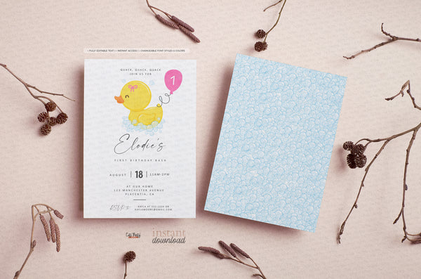 Rubber Duck Girl birthday Party invitation- Digital Download