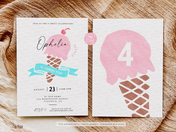 Minimalist Ice Cream Birthday Invitation, Editable ice cream party invite, Here's the Scoop birthday - Instant Download