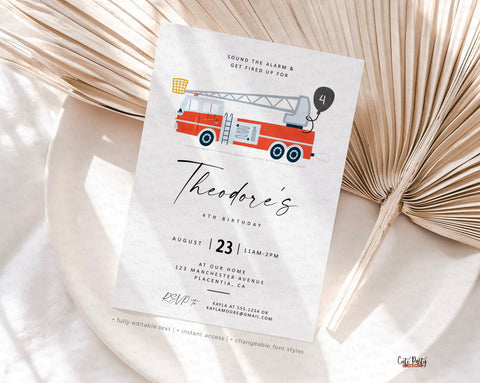 Modern Minimalist Fireman birthday Party Invitation - Digital Download