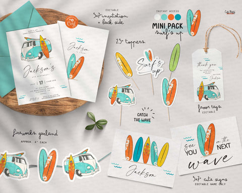 Minimalist Surf Birthday Party Decor Mini Pack - Digital Download