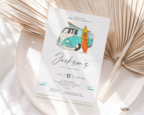 Minimalist Surf  Birthday Party Invitation - Digital Download