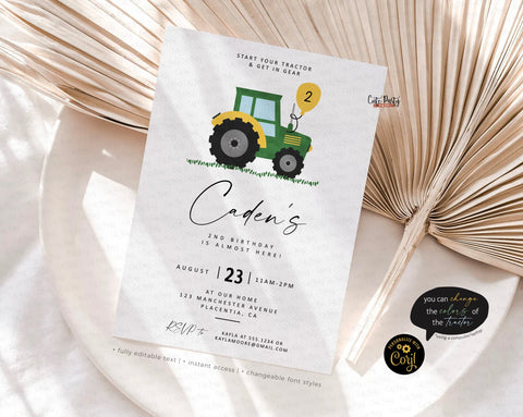 Minimalist Green Tractor Birthday Party Invitation - Digital Download