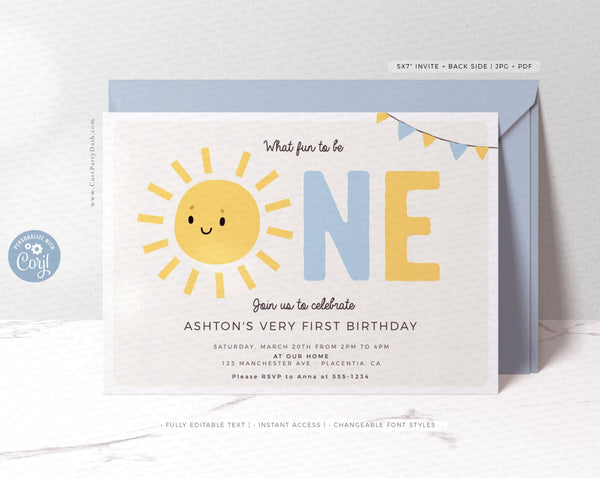 Boho Sun Little Sunshine First birthday party Template - Instant Download