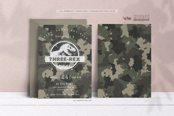 Three Rex Birthday Invitation, Dinosaur party invite Template - Instant Download