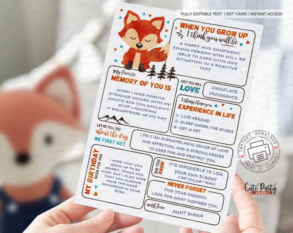 Fox Woodland First Birthday Time Capsule Card - Digital Download