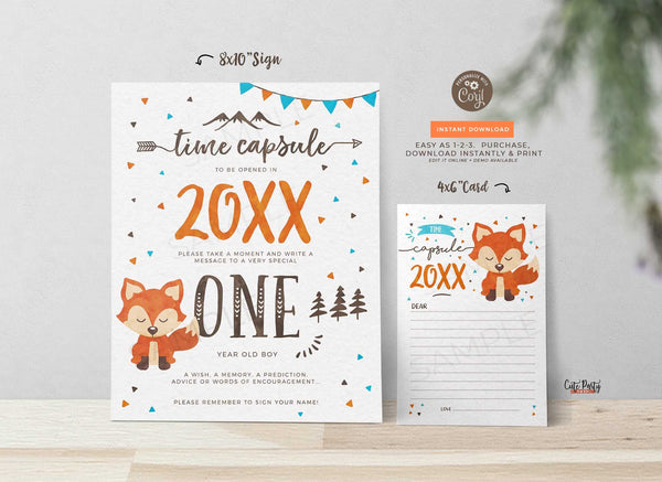 Fox First Birthday Party Editable Invitation - Instant Download