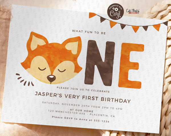 Fox First Birthday Party Editable Invitation - Digital Download
