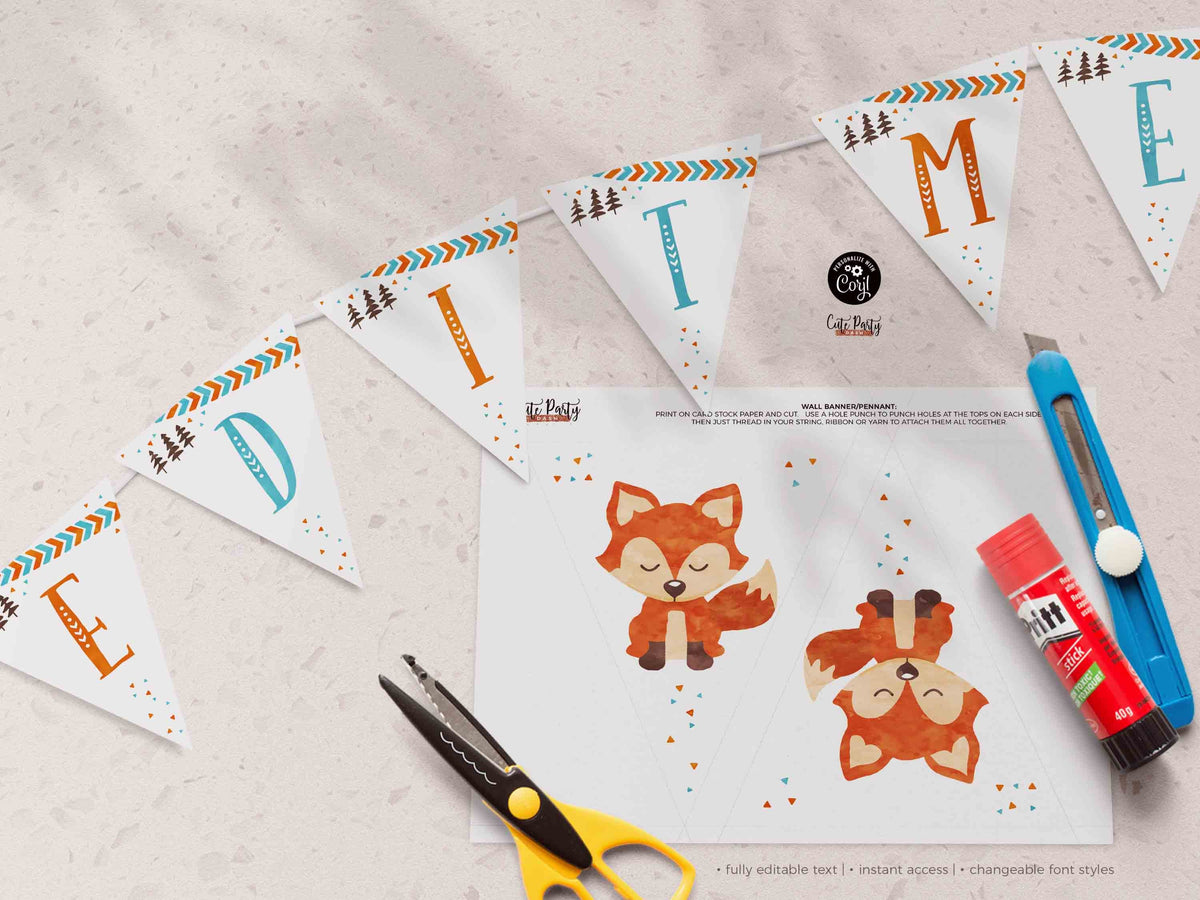 Fox Banner Layout Editable Fox Happy Birthday Wall Banner, Woodland Fox Bunting Party De ...