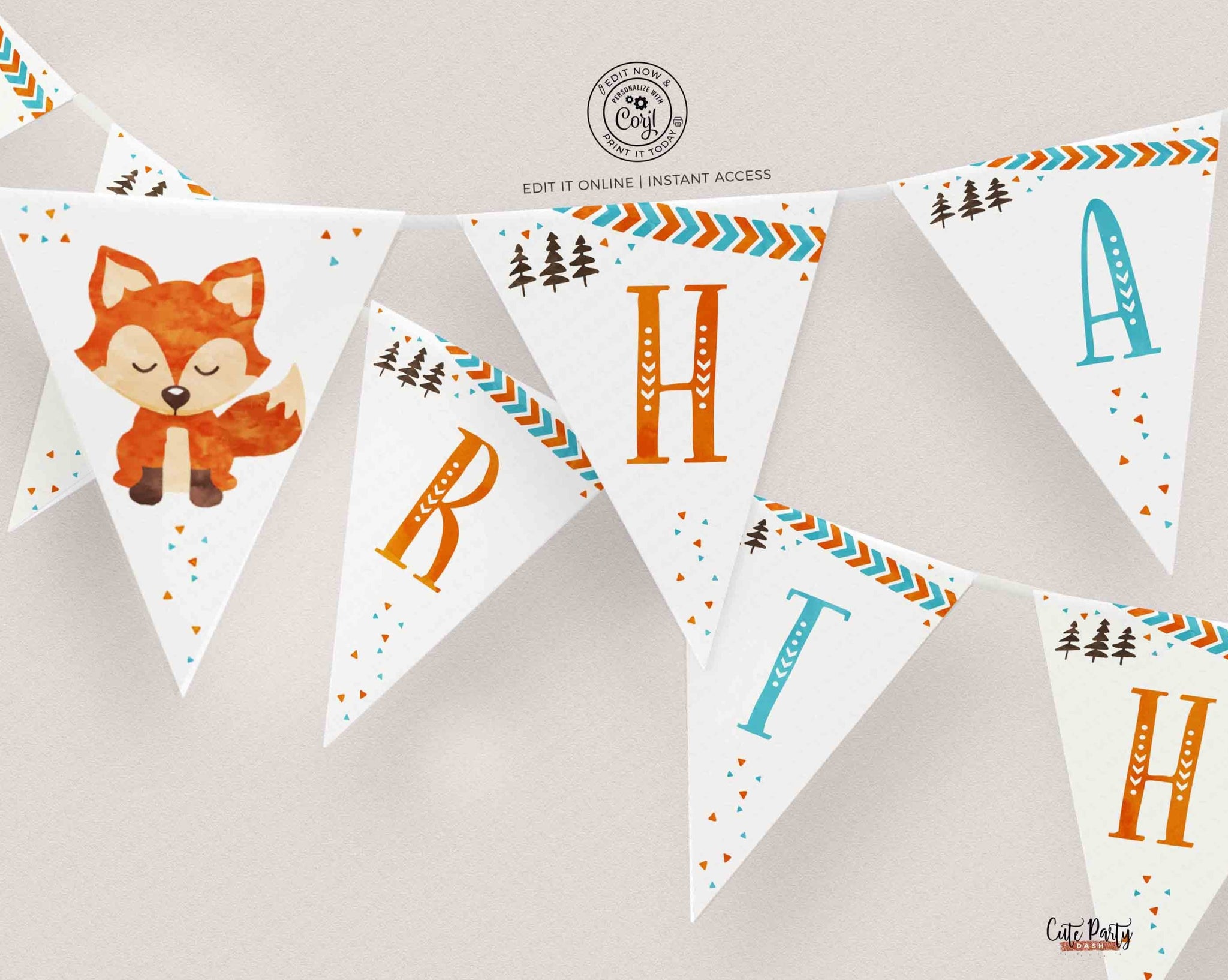 Fox Banner Layout Editable Fox Happy Birthday Wall Banner, Woodland Fox Bunting Party De ...