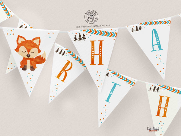 Fox First Birthday Party Editable Invitation - Instant Download