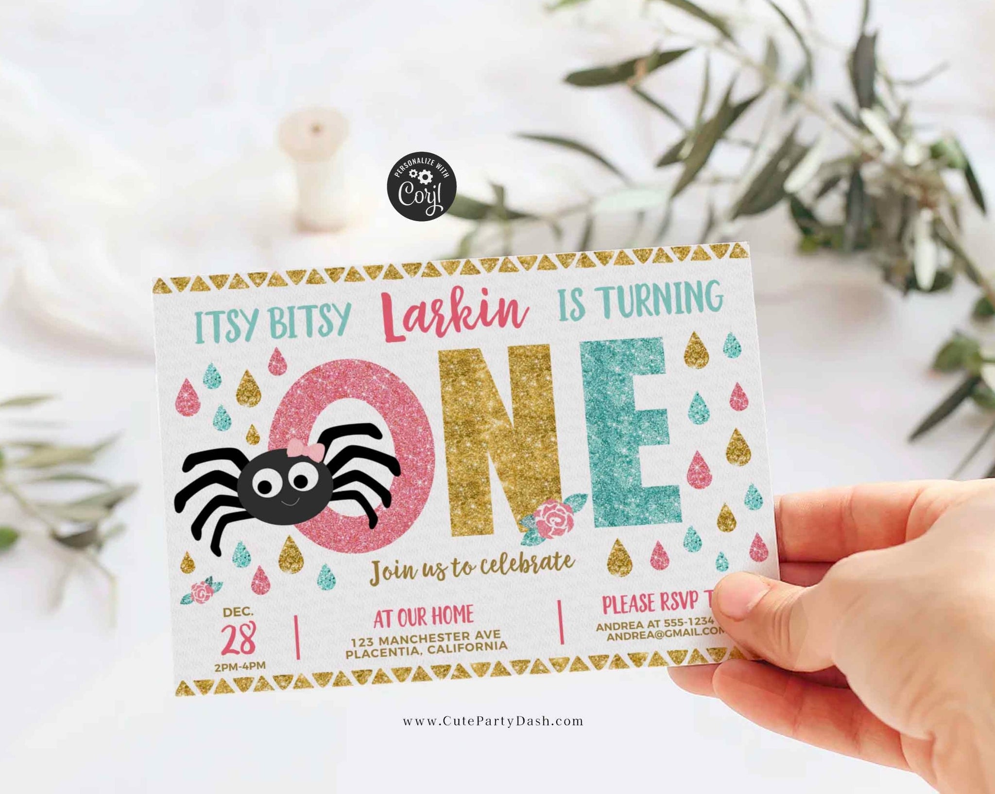 Editable Itsy Bitsy spider First birthday Girl invitation, Pink Teal Gold - Instant Download