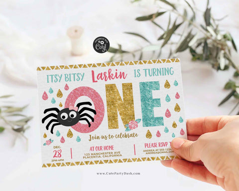 Editable Itsy Bitsy spider First birthday Girl invitation, Pink Teal Gold - Instant Download